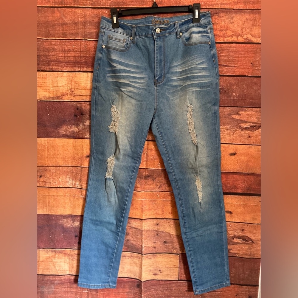Bamboo Medium Wash Distressed Stretchy  Womens/ Juniors Denim Jeans Size 15